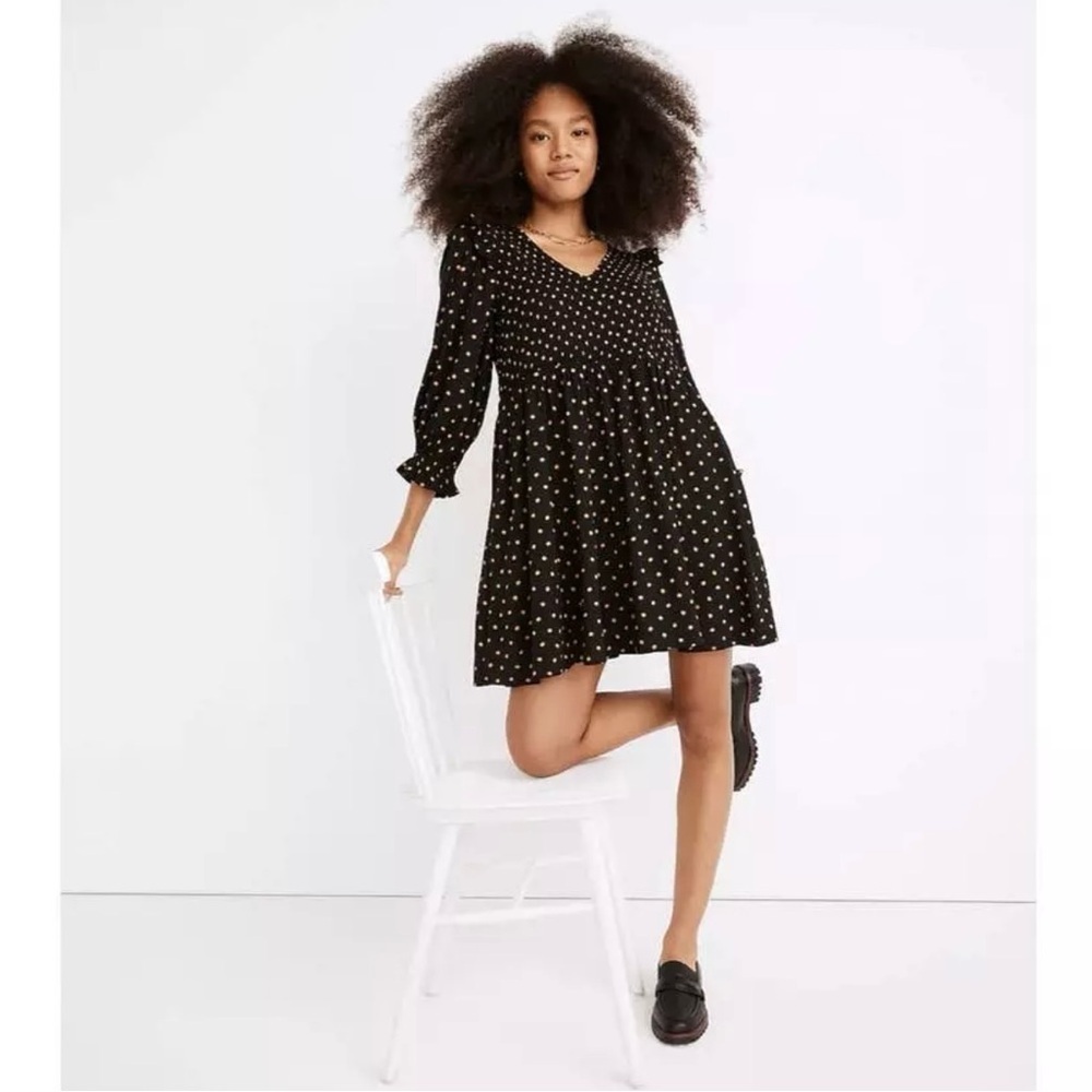 Madewell Lucie V Neck Smocked Mini Dress Black Gold Polka Dot Size Medium